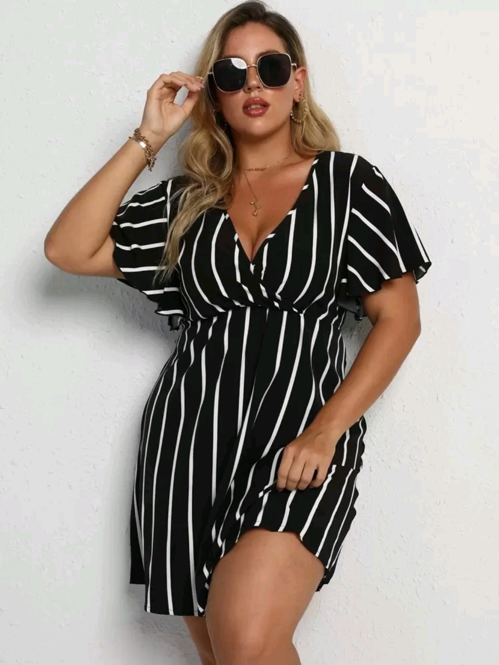 Black and White Striped V-Neck Mini Dress